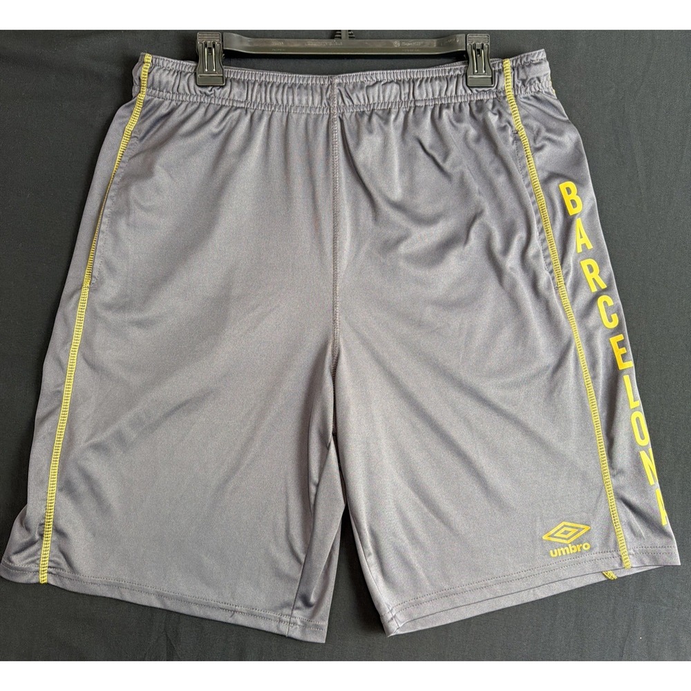 Umbro Barcelona Athletic Shorts Mens XL 9" Nylon Soccer Drawstring SPELLOUT Gray